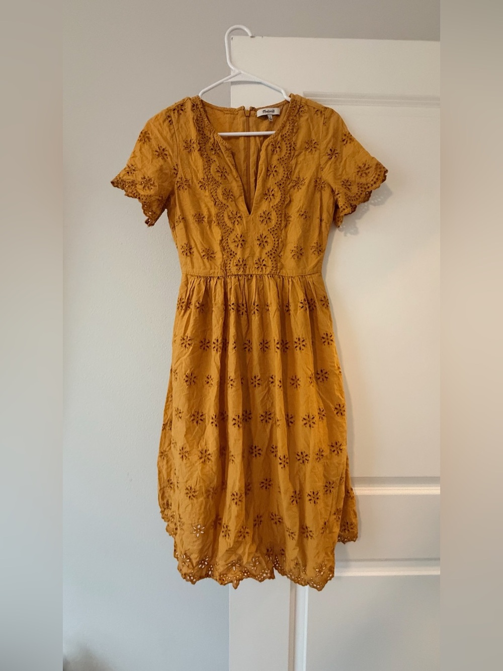 Madewell Mustard Yellow Eyelet Lace Dress V-Neck Short Sleeve Sun Dress Cotton❤️ - Picture 10 of 12